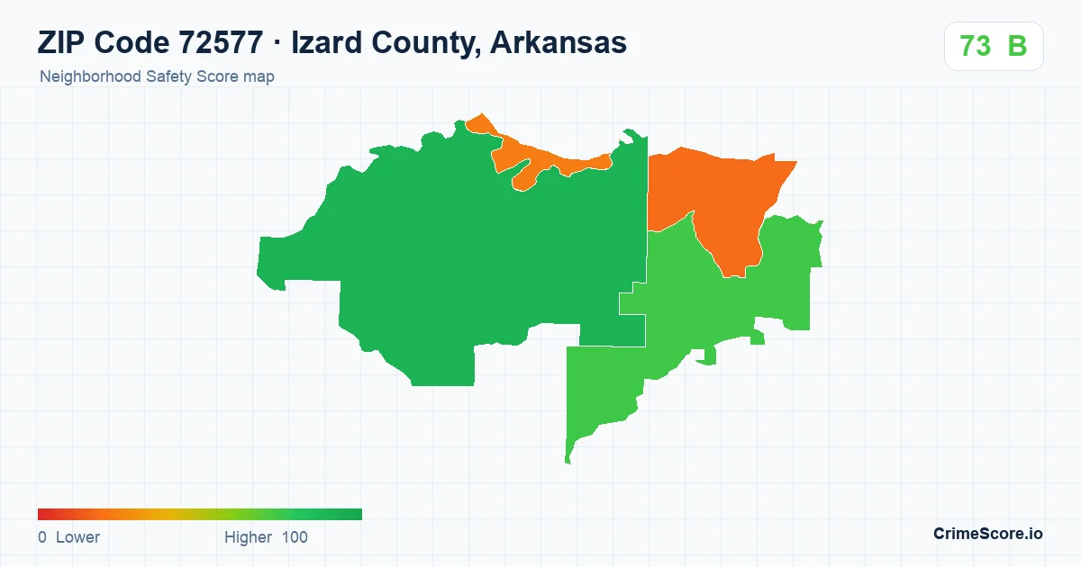 ZIP Code 72577 in Izard County, Arkansas neighborhood Safety Score map