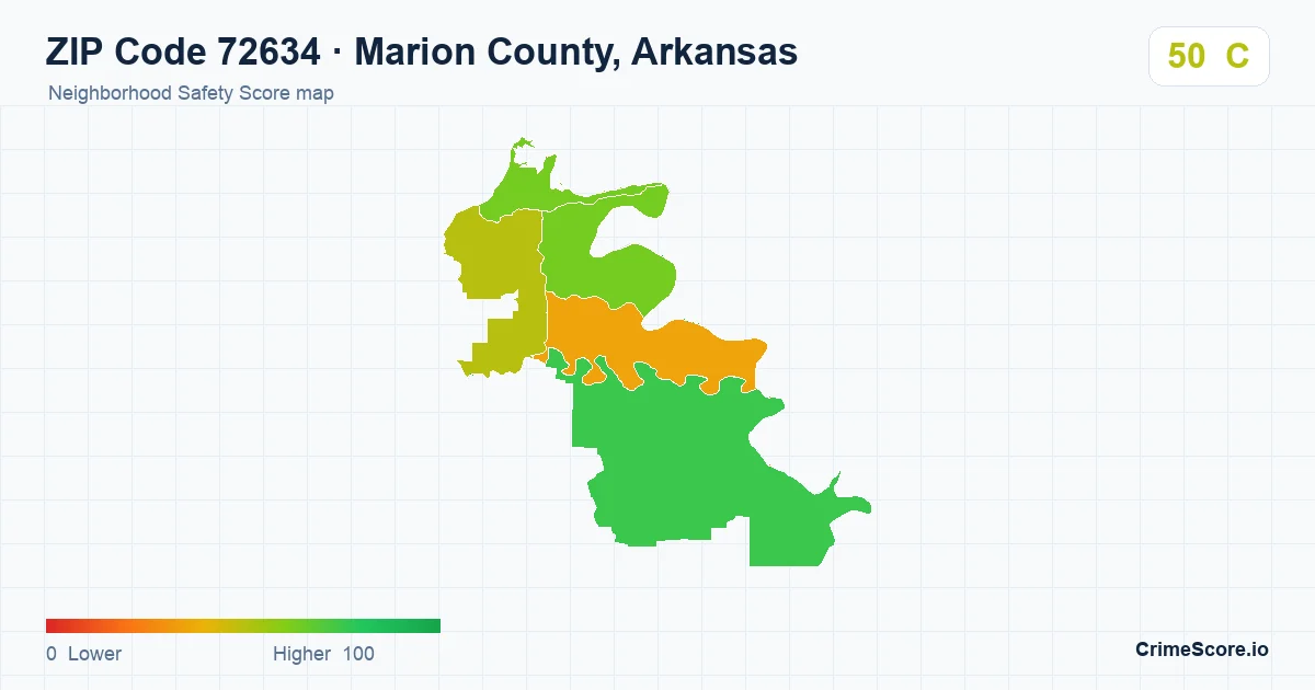 ZIP Code 72634 in Marion County, Arkansas neighborhood Safety Score map