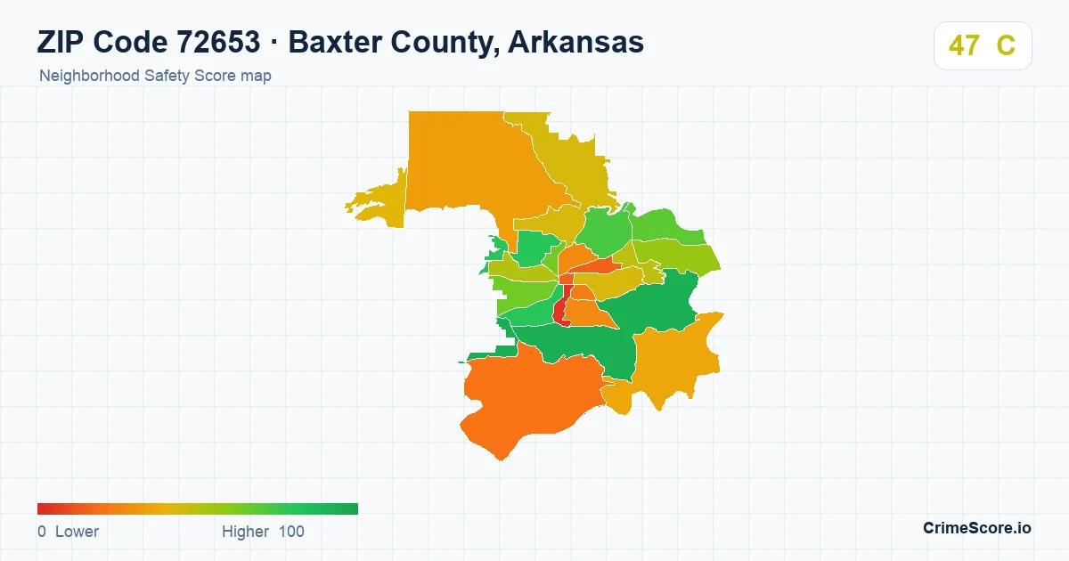 ZIP Code 72653 in Baxter County, Arkansas neighborhood Safety Score map