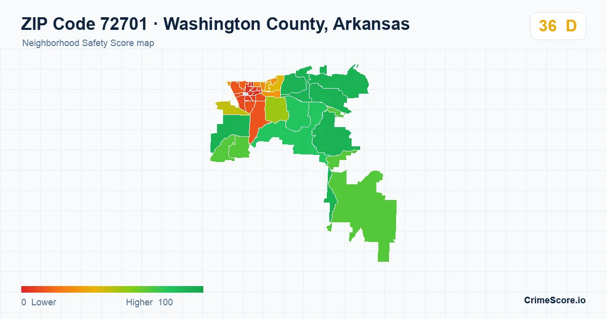 ZIP Code 72701 in Washington County, Arkansas neighborhood Safety Score map
