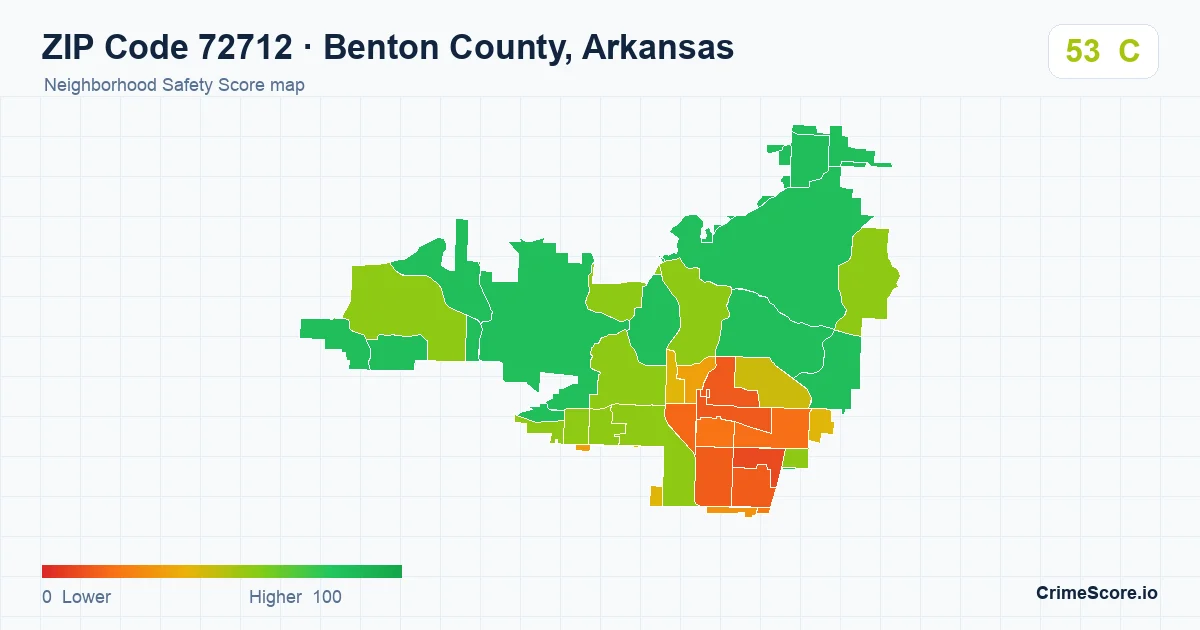 ZIP Code 72712 in Benton County, Arkansas neighborhood Safety Score map