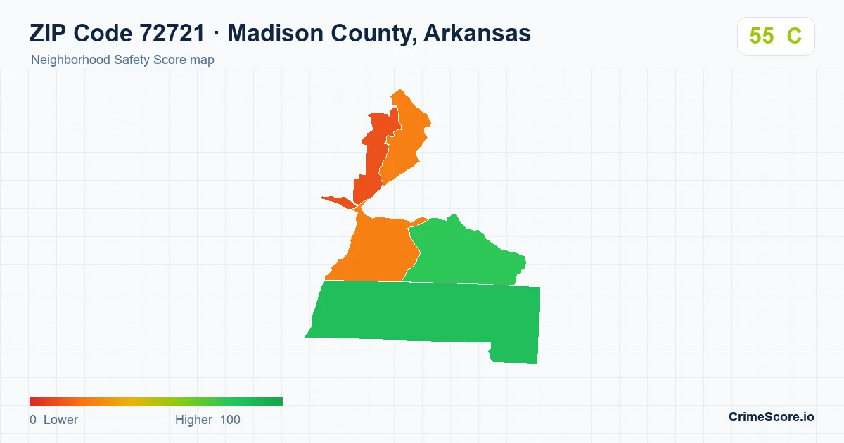 ZIP Code 72721 in Madison County, Arkansas neighborhood Safety Score map