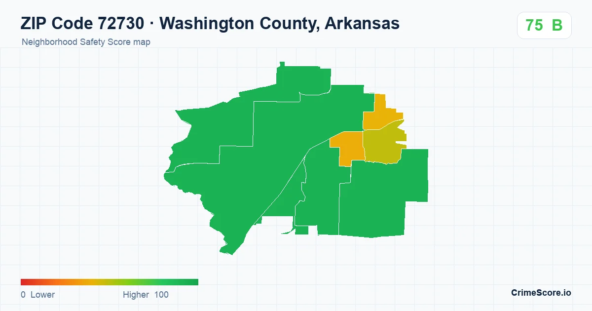 ZIP Code 72730 in Washington County, Arkansas neighborhood Safety Score map