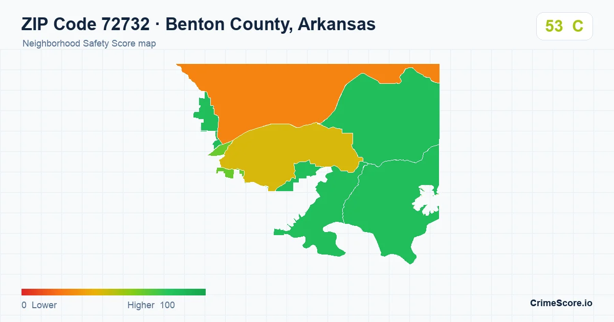 ZIP Code 72732 in Benton County, Arkansas neighborhood Safety Score map