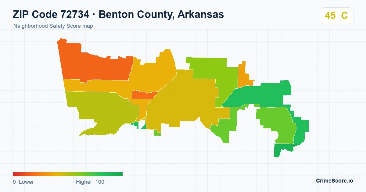 ZIP Code 72734 in Benton County, Arkansas neighborhood Safety Score map