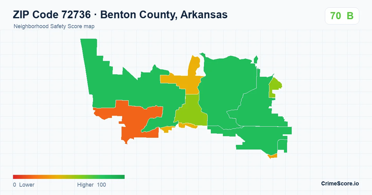 ZIP Code 72736 in Benton County, Arkansas neighborhood Safety Score map