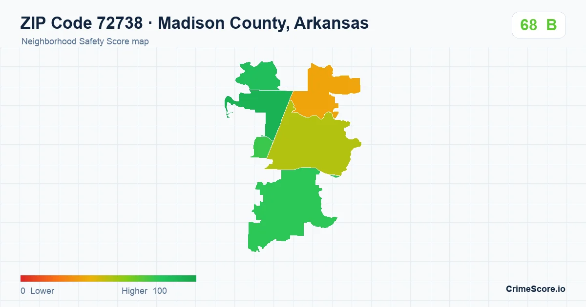 ZIP Code 72738 in Madison County, Arkansas neighborhood Safety Score map