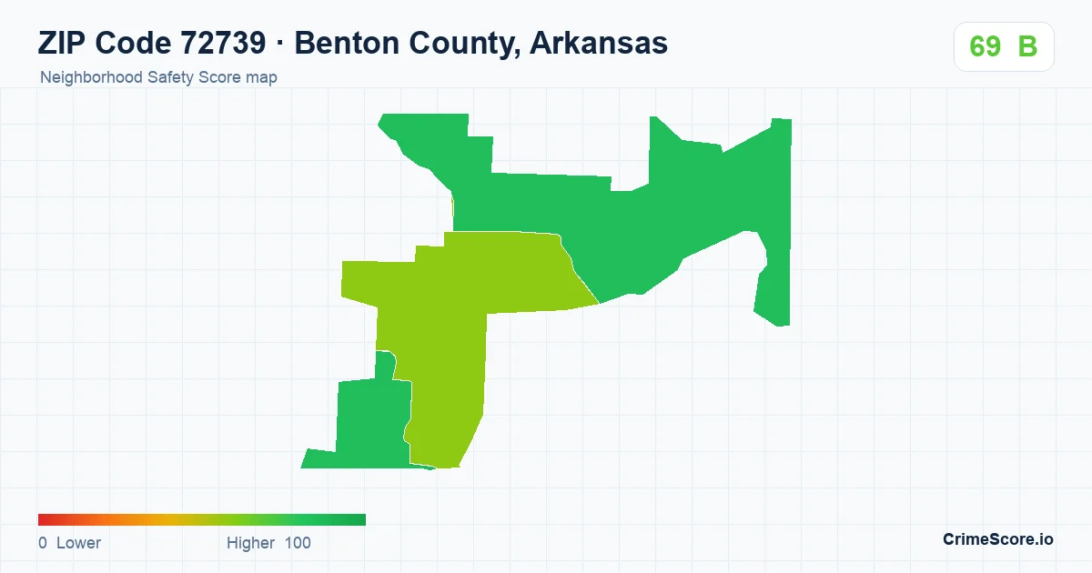 ZIP Code 72739 in Benton County, Arkansas neighborhood Safety Score map