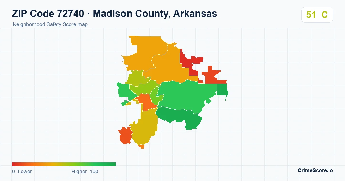 ZIP Code 72740 in Madison County, Arkansas neighborhood Safety Score map