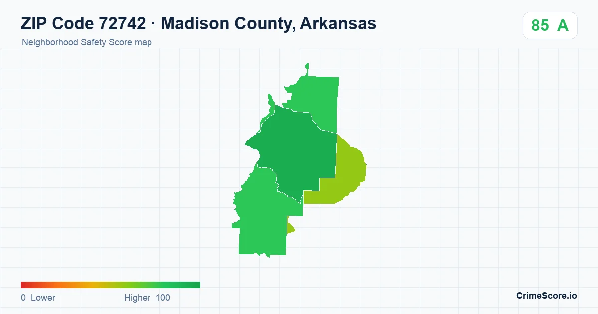 ZIP Code 72742 in Madison County, Arkansas neighborhood Safety Score map