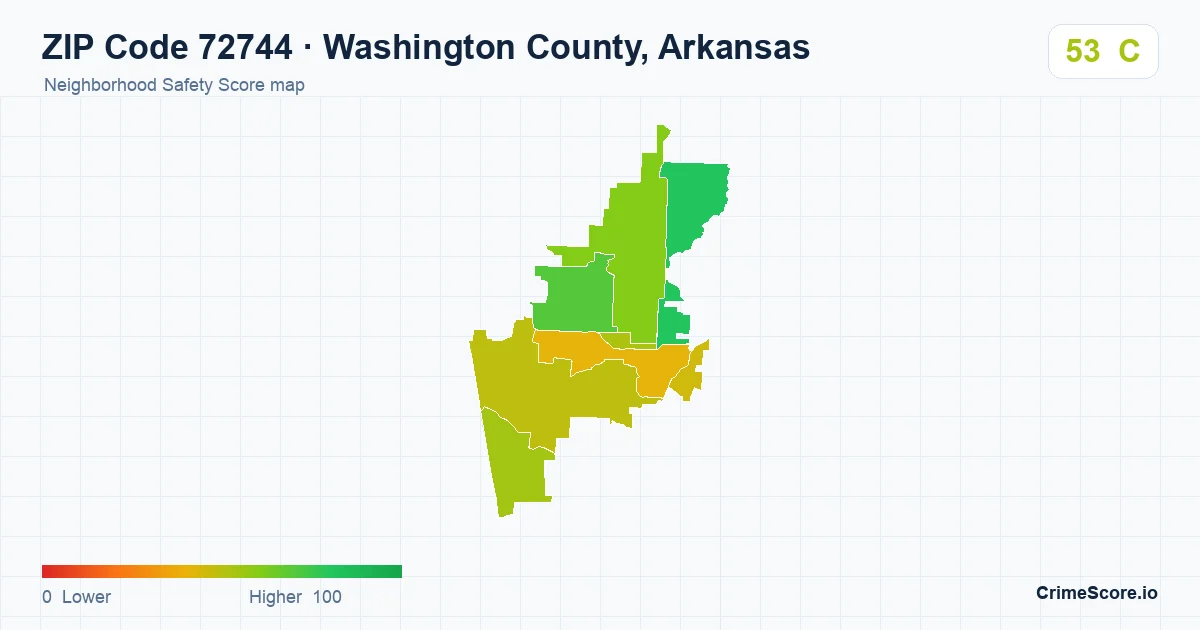 ZIP Code 72744 in Washington County, Arkansas neighborhood Safety Score map