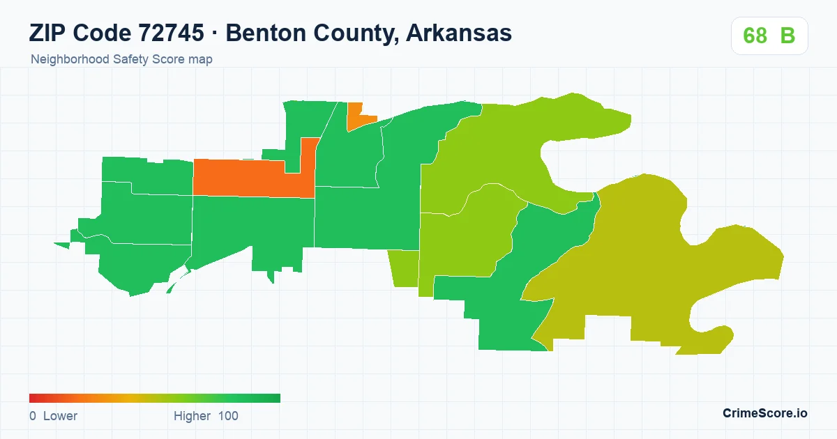 ZIP Code 72745 in Benton County, Arkansas neighborhood Safety Score map