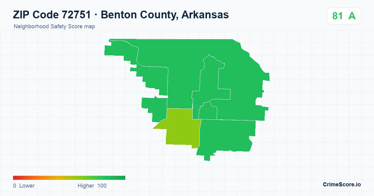 ZIP Code 72751 in Benton County, Arkansas neighborhood Safety Score map