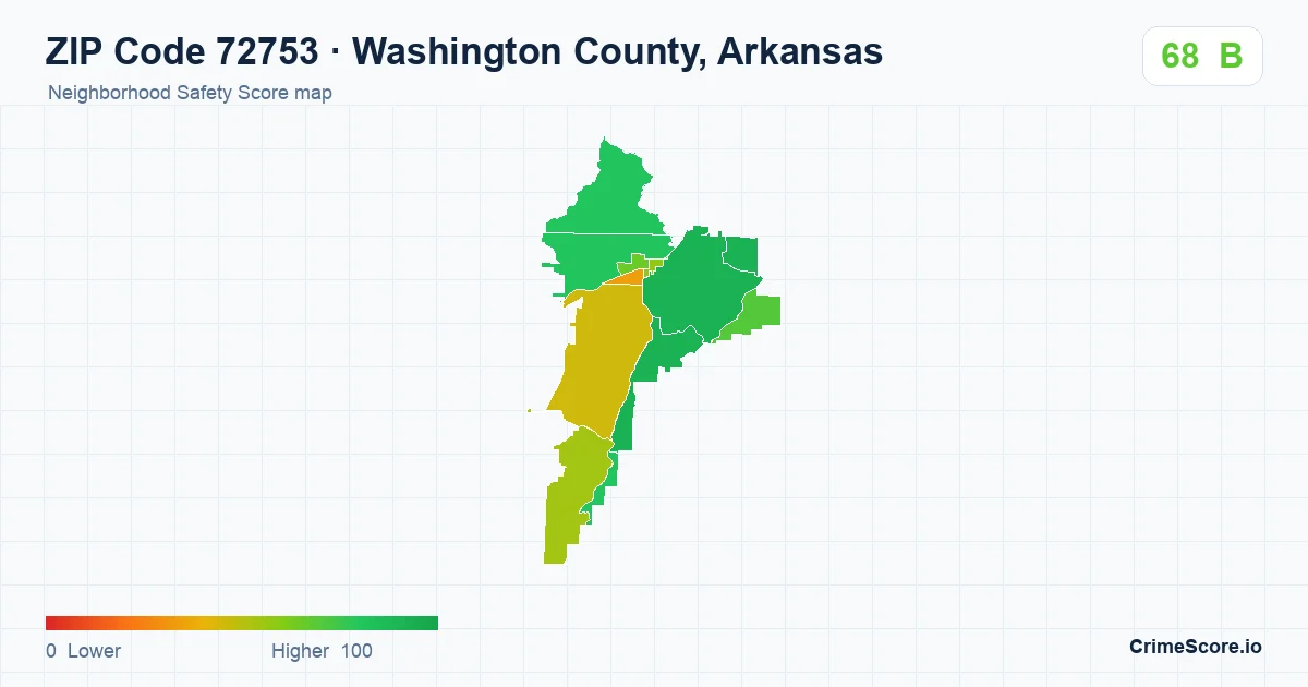 ZIP Code 72753 in Washington County, Arkansas neighborhood Safety Score map