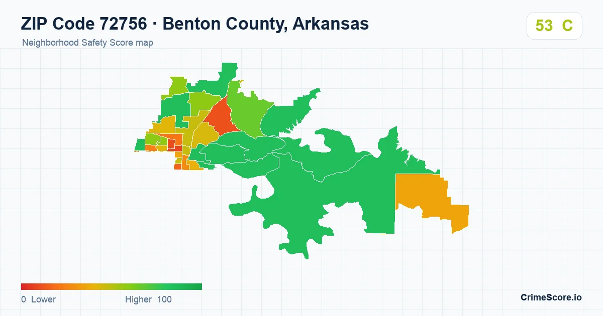 ZIP Code 72756 in Benton County, Arkansas neighborhood Safety Score map
