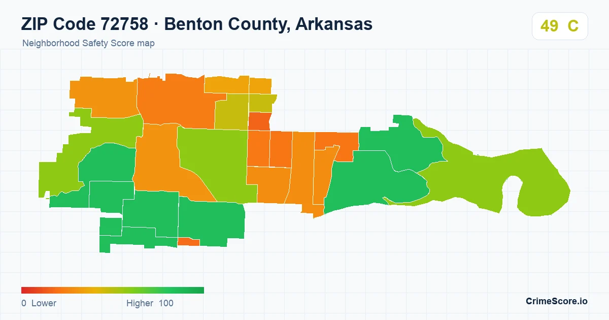 ZIP Code 72758 in Benton County, Arkansas neighborhood Safety Score map