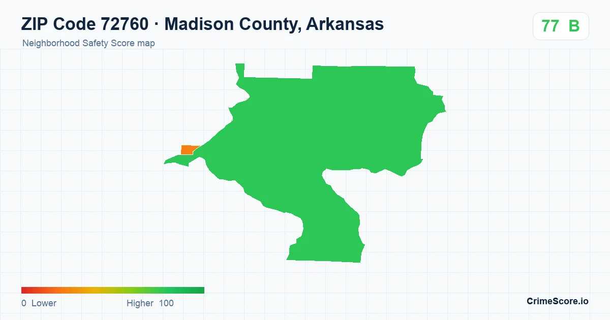 ZIP Code 72760 in Madison County, Arkansas neighborhood Safety Score map