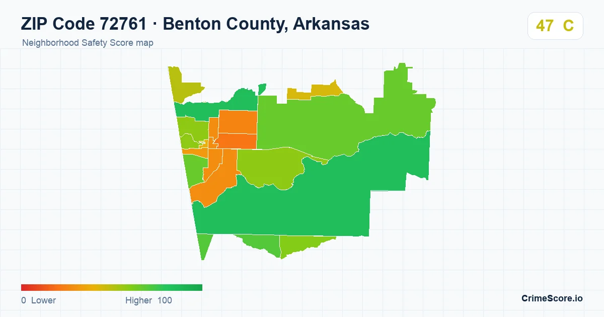 ZIP Code 72761 in Benton County, Arkansas neighborhood Safety Score map