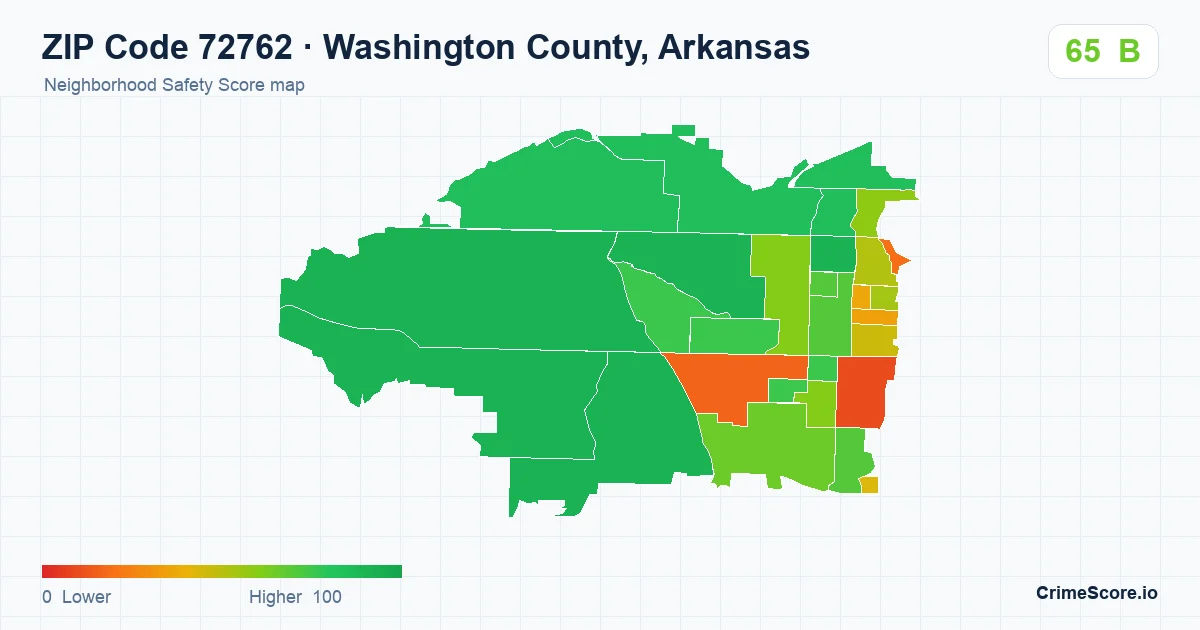 ZIP Code 72762 in Washington County, Arkansas neighborhood Safety Score map