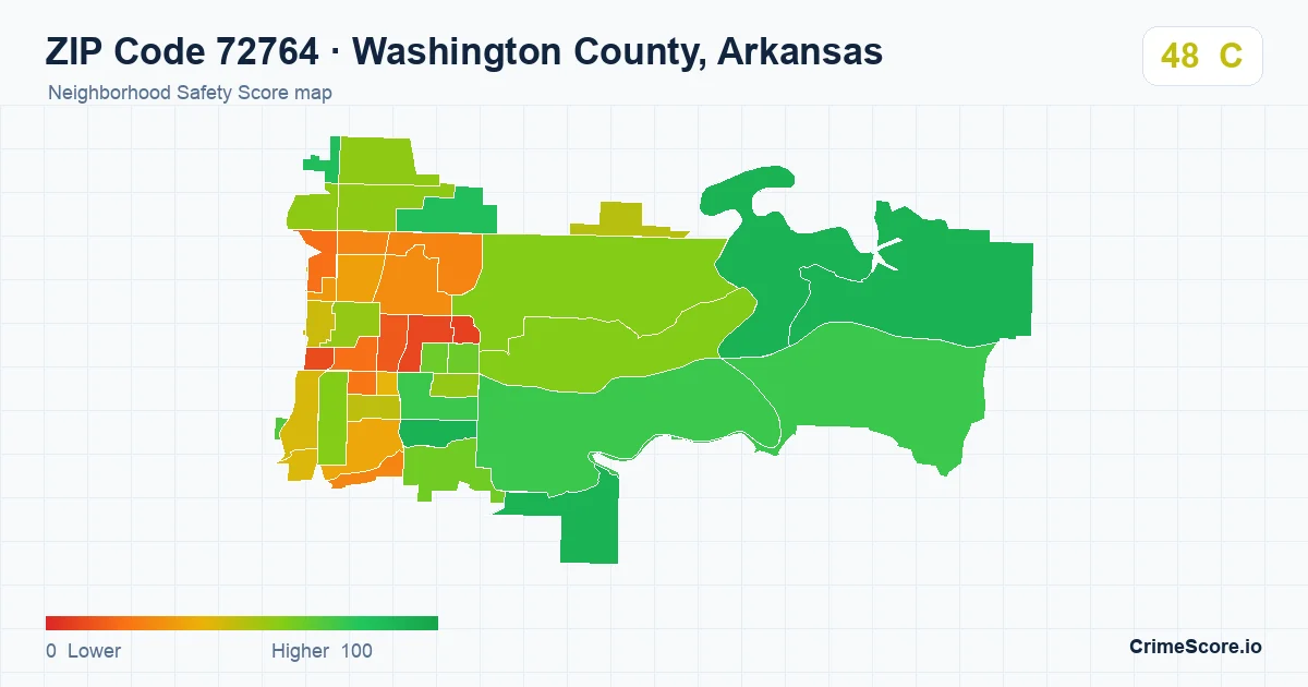 ZIP Code 72764 in Washington County, Arkansas neighborhood Safety Score map