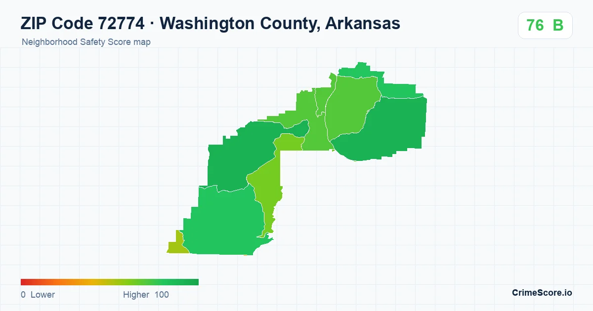 ZIP Code 72774 in Washington County, Arkansas neighborhood Safety Score map