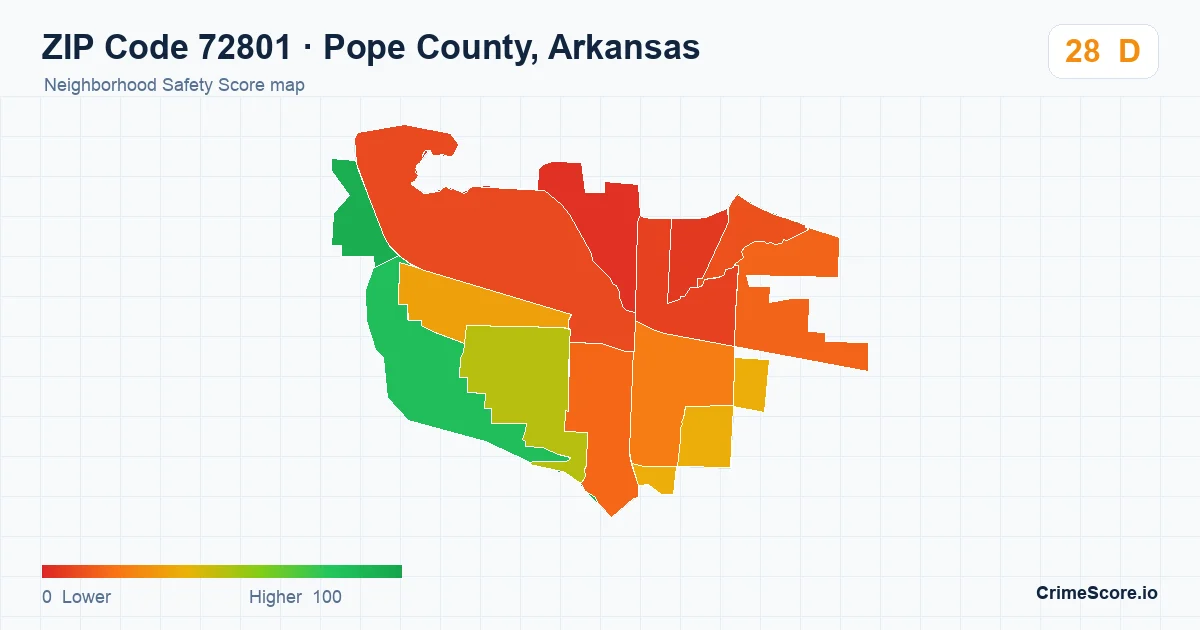 ZIP Code 72801 in Pope County, Arkansas neighborhood Safety Score map