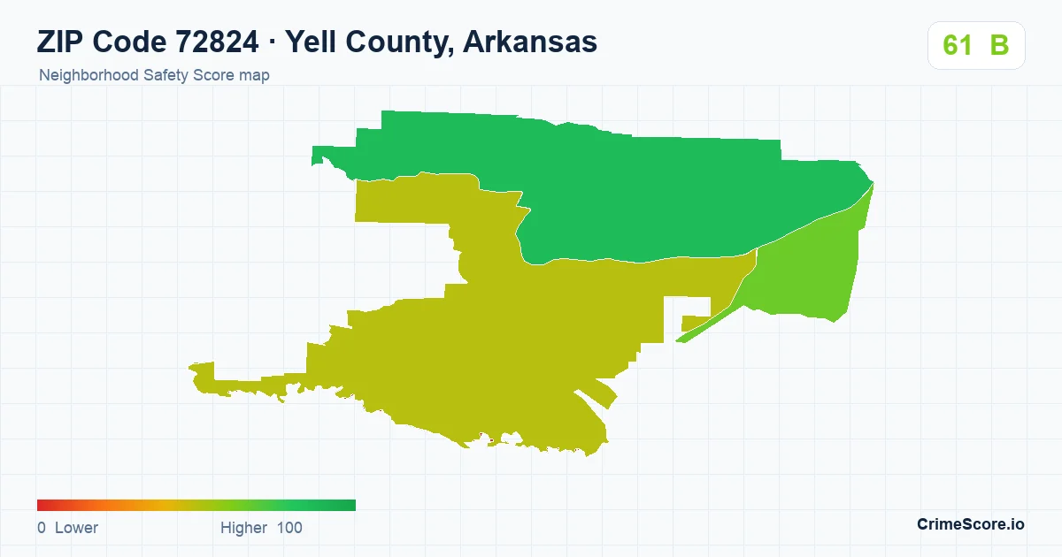 ZIP Code 72824 in Yell County, Arkansas neighborhood Safety Score map