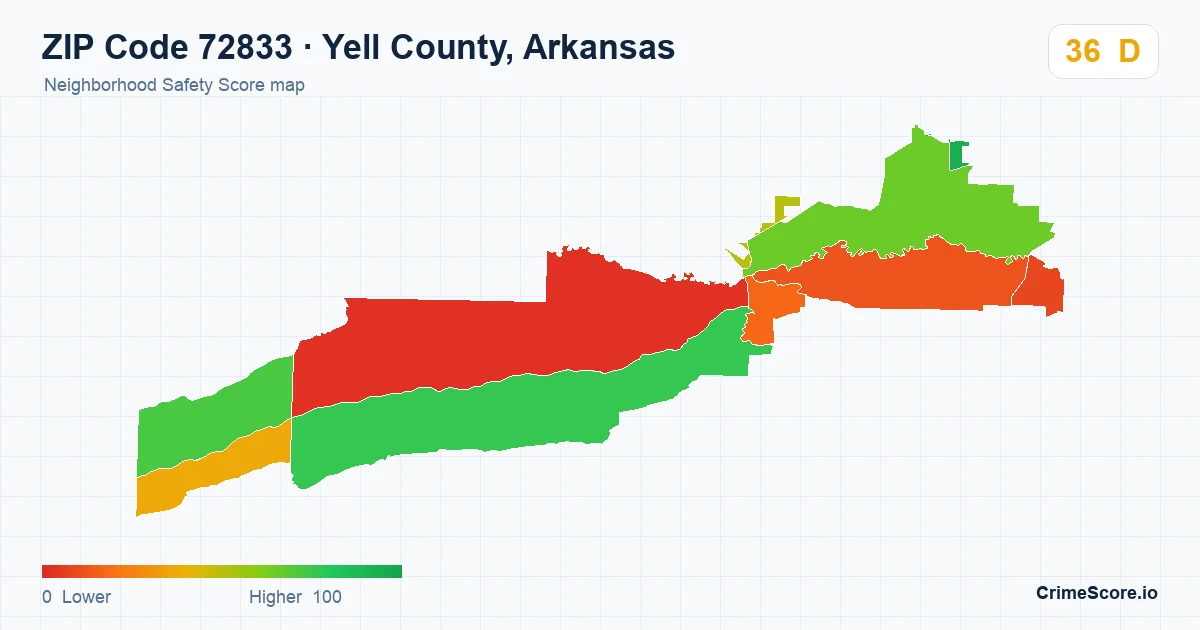 ZIP Code 72833 in Yell County, Arkansas neighborhood Safety Score map