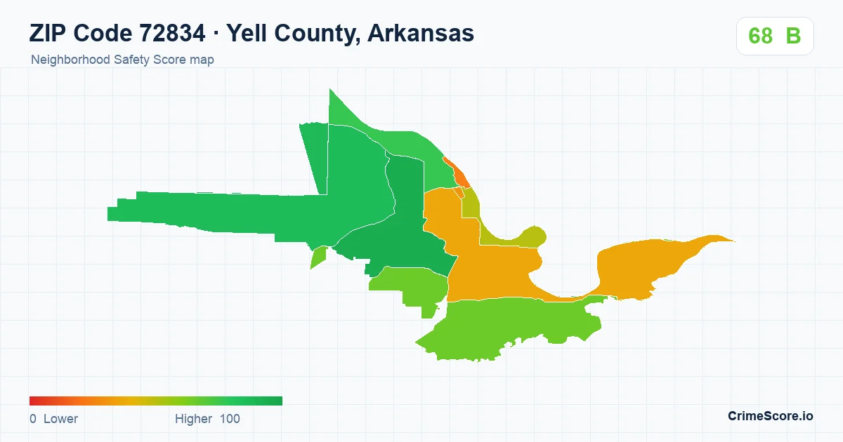 ZIP Code 72834 in Yell County, Arkansas neighborhood Safety Score map
