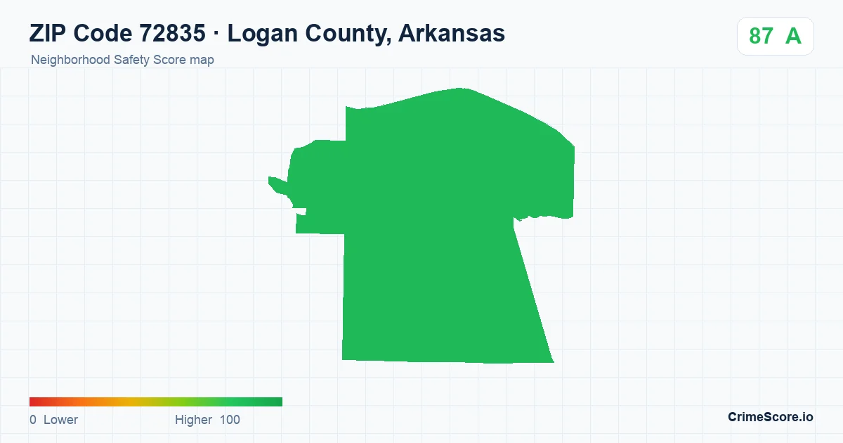 ZIP Code 72835 in Logan County, Arkansas neighborhood Safety Score map