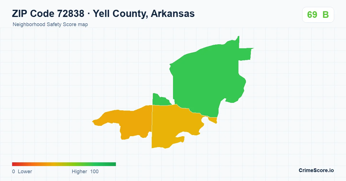 ZIP Code 72838 in Yell County, Arkansas neighborhood Safety Score map