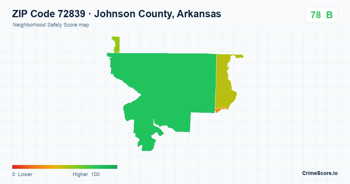 ZIP Code 72839 in Johnson County, Arkansas neighborhood Safety Score map