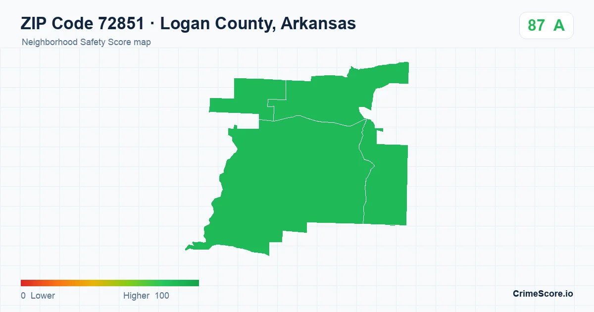 ZIP Code 72851 in Logan County, Arkansas neighborhood Safety Score map