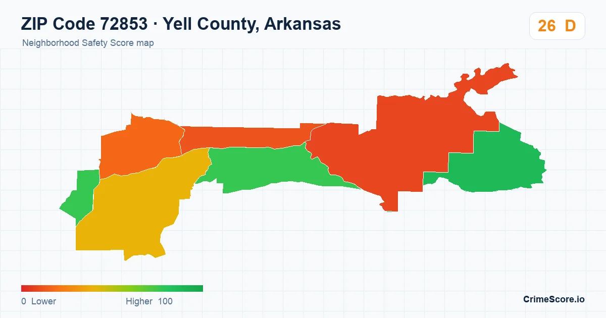 ZIP Code 72853 in Yell County, Arkansas neighborhood Safety Score map