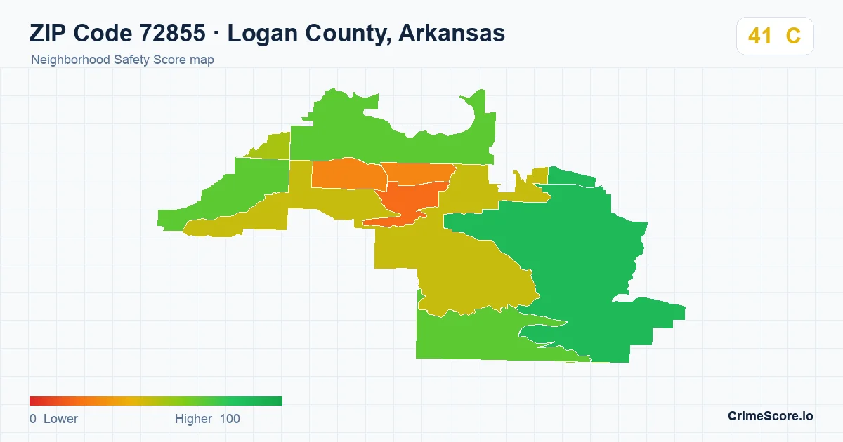 ZIP Code 72855 in Logan County, Arkansas neighborhood Safety Score map