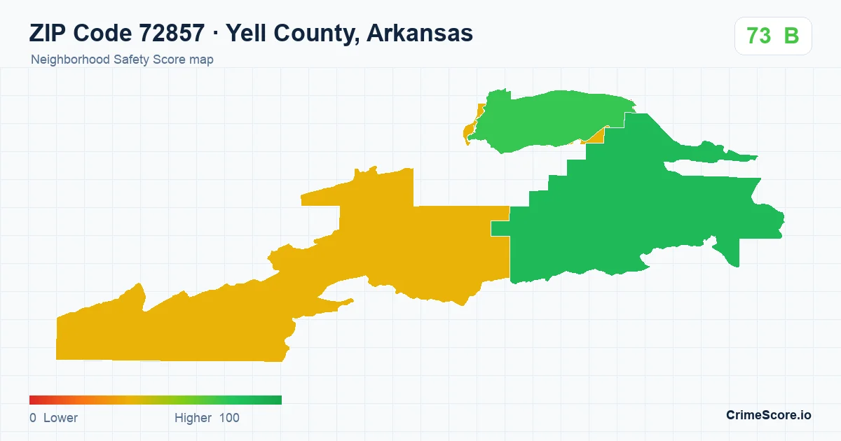ZIP Code 72857 in Yell County, Arkansas neighborhood Safety Score map