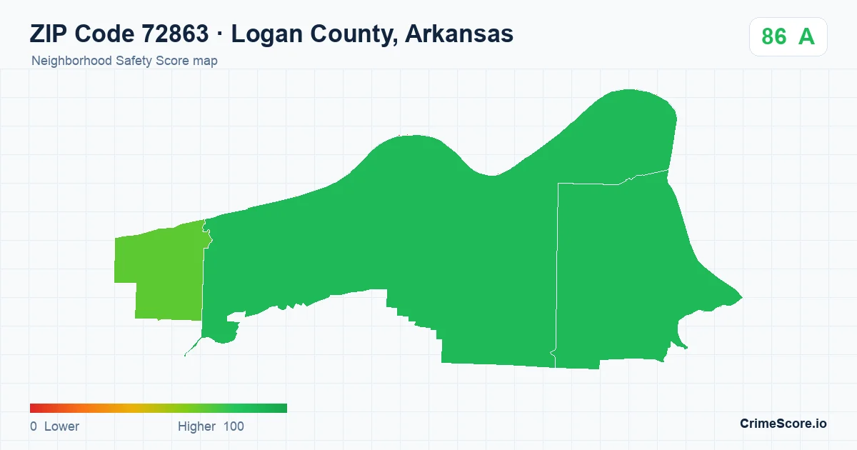 ZIP Code 72863 in Logan County, Arkansas neighborhood Safety Score map