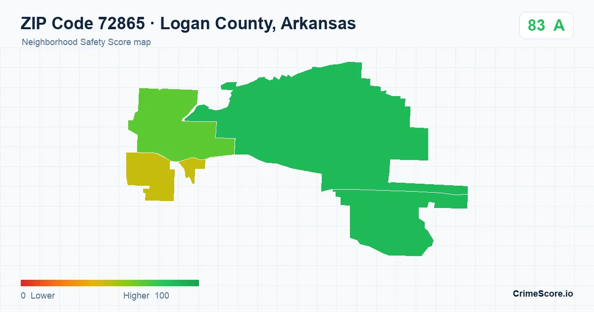 ZIP Code 72865 in Logan County, Arkansas neighborhood Safety Score map