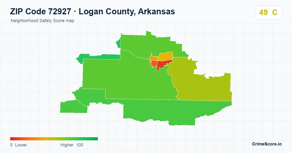 ZIP Code 72927 in Logan County, Arkansas neighborhood Safety Score map