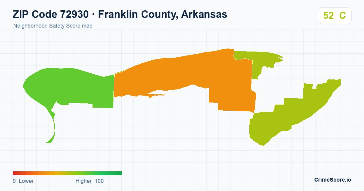 ZIP Code 72930 in Franklin County, Arkansas neighborhood Safety Score map