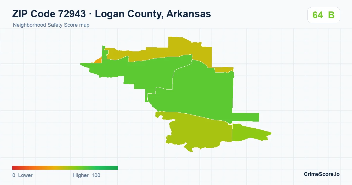 ZIP Code 72943 in Logan County, Arkansas neighborhood Safety Score map