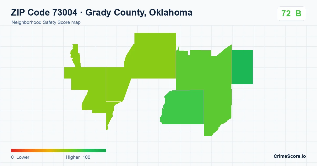 ZIP Code 73004 in Grady County, Oklahoma neighborhood Safety Score map