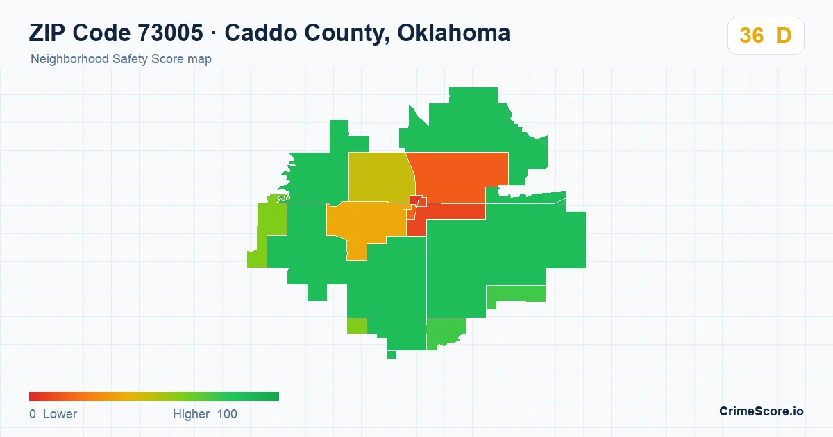ZIP Code 73005 in Caddo County, Oklahoma neighborhood Safety Score map