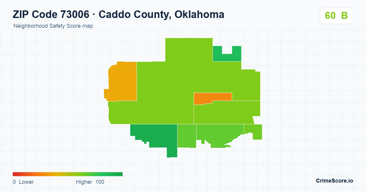 ZIP Code 73006 in Caddo County, Oklahoma neighborhood Safety Score map