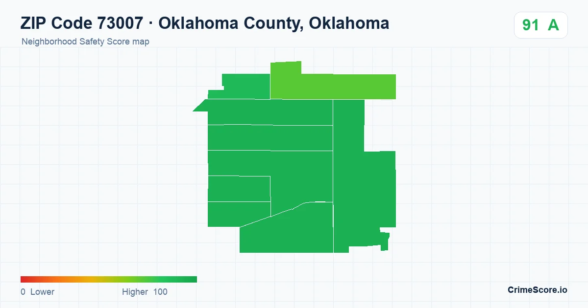 ZIP Code 73007 in Oklahoma County, Oklahoma neighborhood Safety Score map