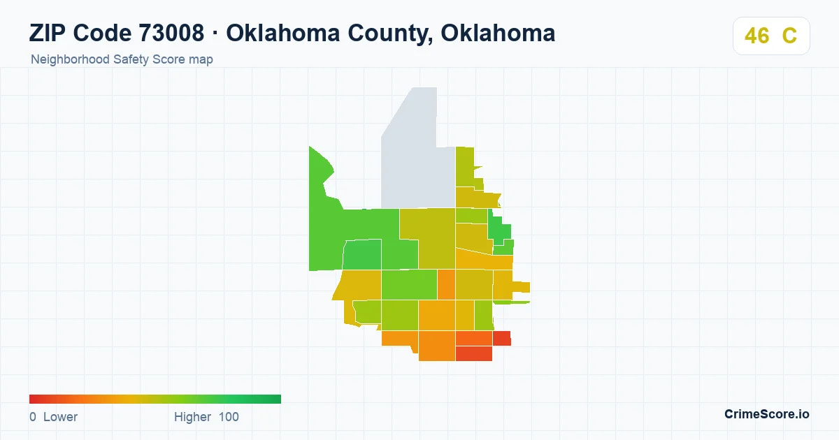 ZIP Code 73008 in Oklahoma County, Oklahoma neighborhood Safety Score map