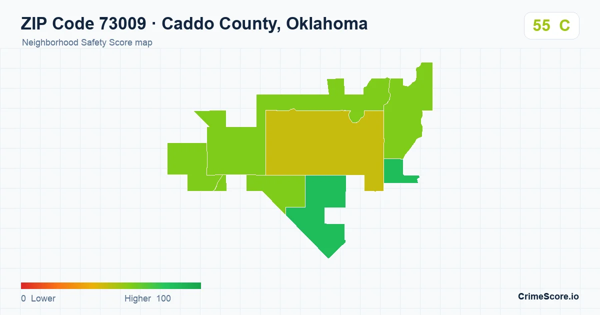 ZIP Code 73009 in Caddo County, Oklahoma neighborhood Safety Score map