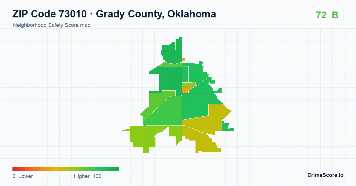 ZIP Code 73010 in Grady County, Oklahoma neighborhood Safety Score map