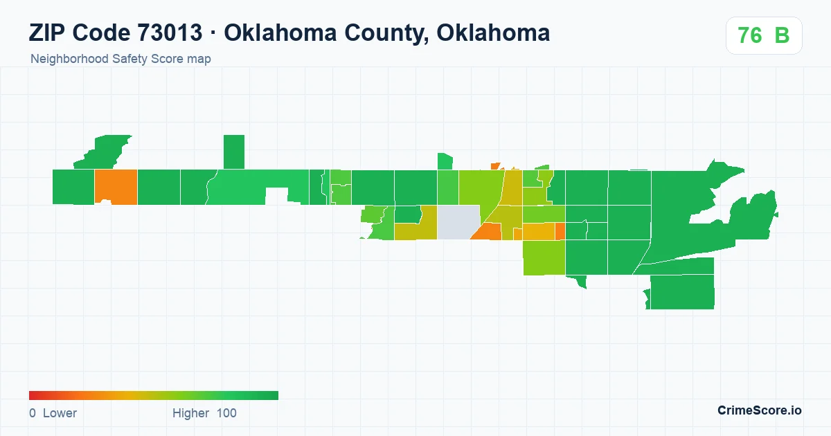 ZIP Code 73013 in Oklahoma County, Oklahoma neighborhood Safety Score map