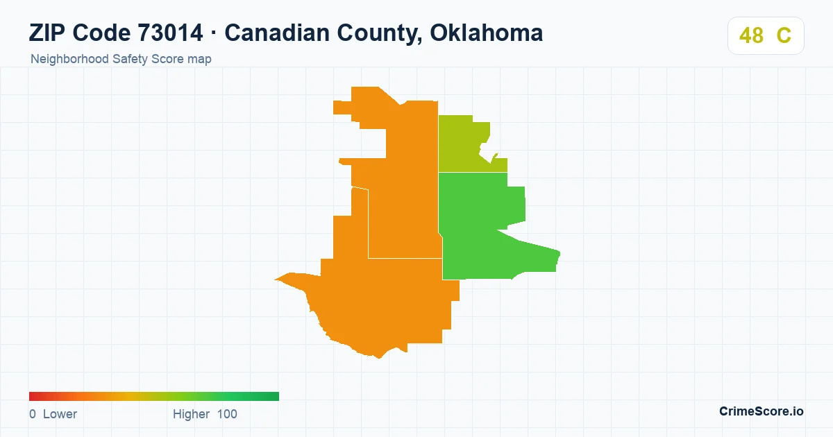 ZIP Code 73014 in Canadian County, Oklahoma neighborhood Safety Score map
